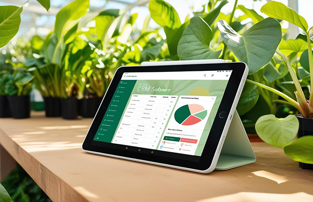 Tablette avec un écran d'un logiciel CRM horticole